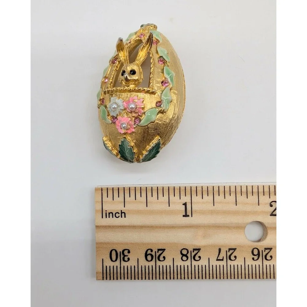 Vtg Mylu Easter Egg Bunny Brooch Pin Rhinestone Enamel Gold Tone
